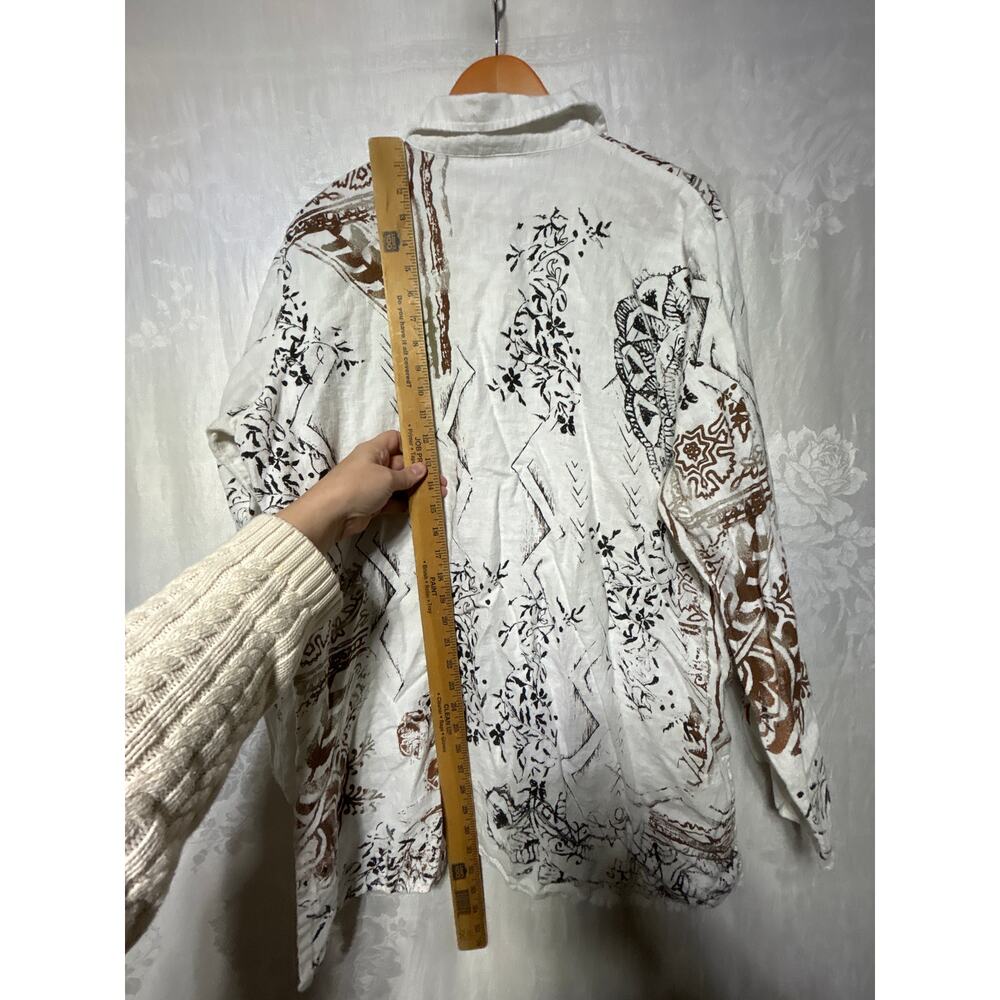 Chicos Button Up 3 XL White Black Brown 100% Linen Long Sleeve Tunic Pockets - Picture 11 of 11